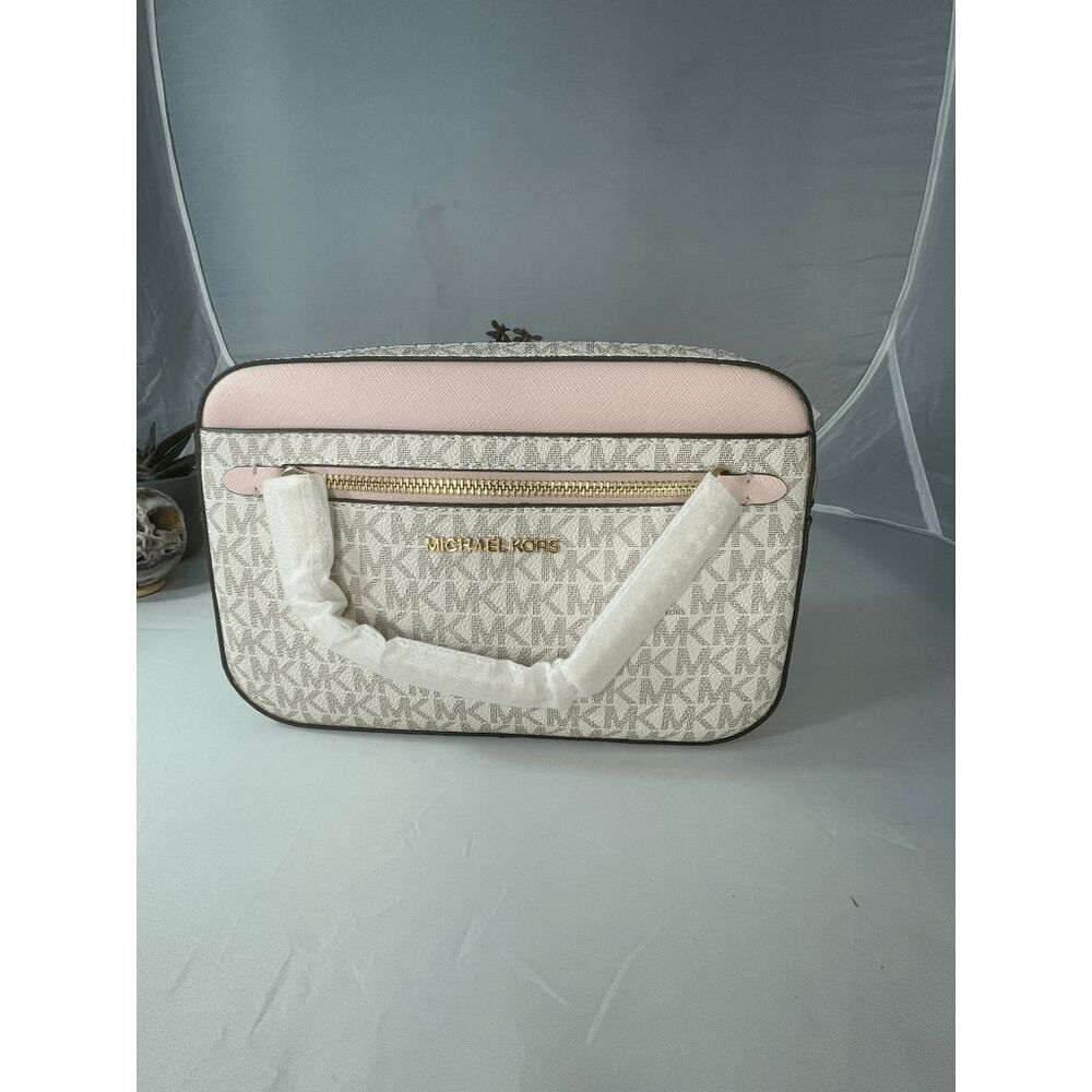 Michael Kors Pink White Logo Jet Set East West Zip Chain Crossbody Bag - Picture 6 of 7